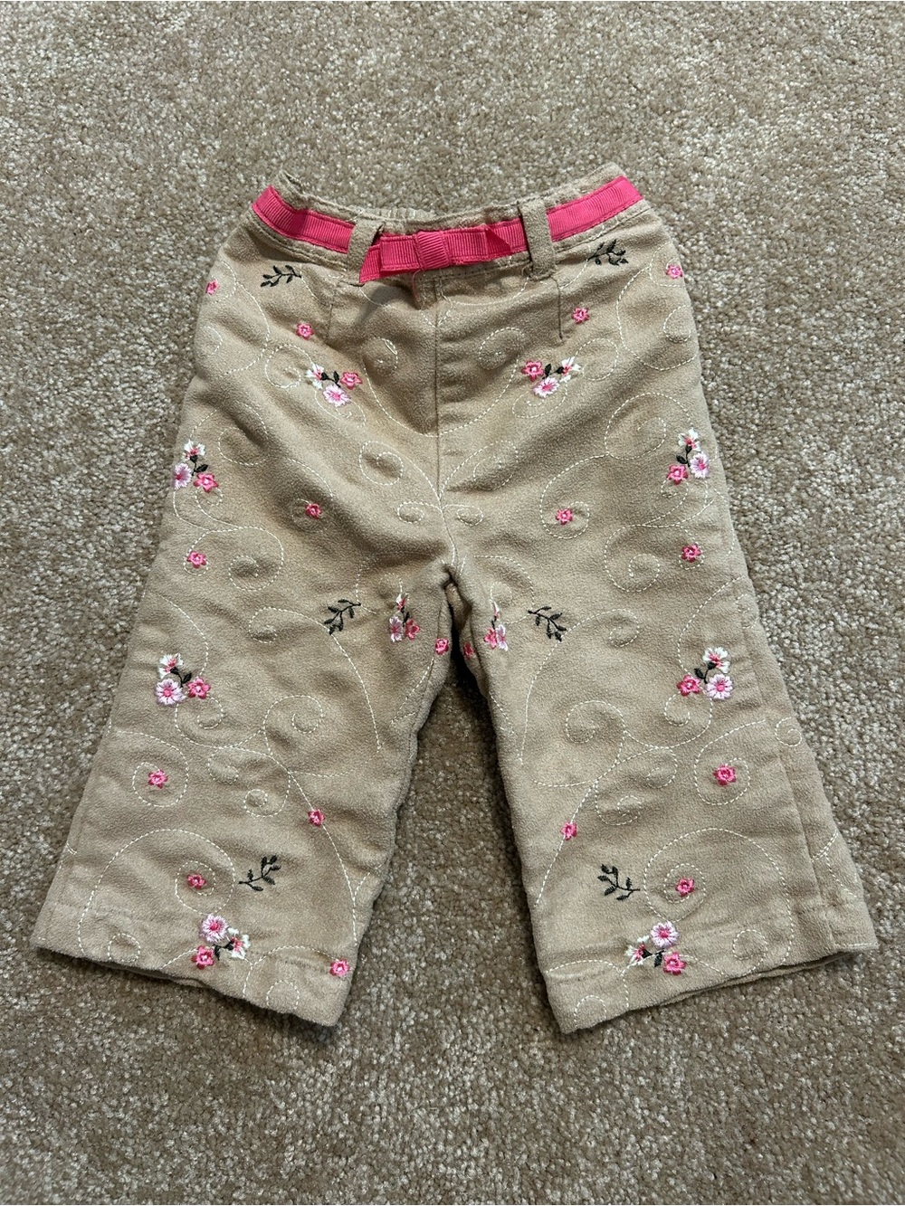 First Impressions 3/6Months Khaki Pants with Pink Accent and Floral Embroidery